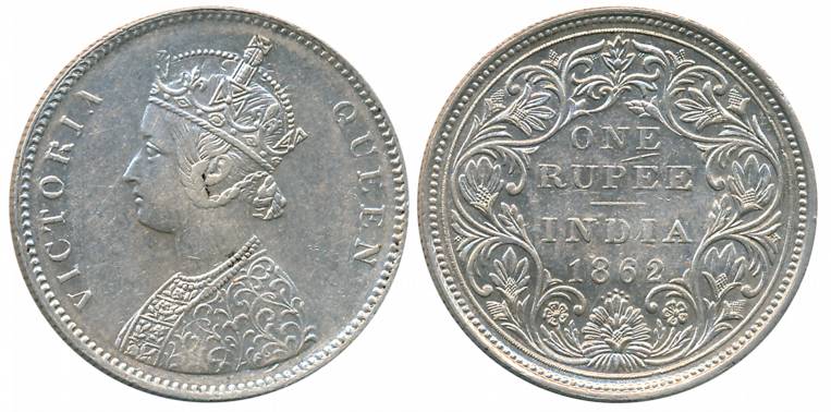 Victoria Queen, Silver Rupee, 1862, Bombay Mint, A/II/0/5 dots, Broken 1 in India (Prid# 8