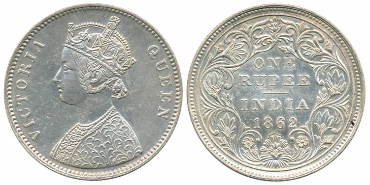 Victoria Queen, Silver Rupee, 1862, Bombay Mint, A/II/0/6 dots, Normal 1 in date (Prid# 86