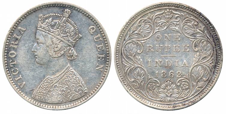 Victoria Queen, Silver Rupee, 1862, Bombay Mint, A/II/0/6 dots, Base of Date numerals now 