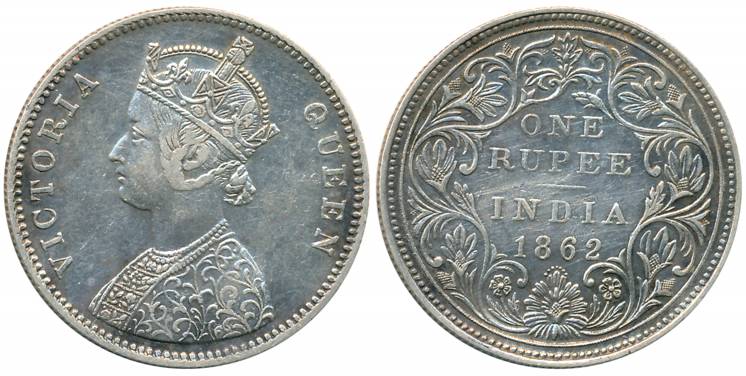 Victoria Queen, Silver Rupee, 1862, Bombay Mint, A/II/0/7 dots without crescent (Prid# 87,
