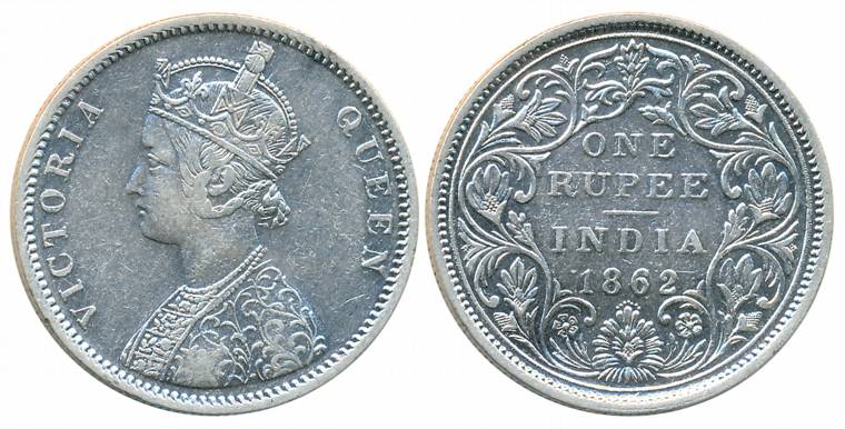 Victoria Queen, Silver Rupee, 1862, Bombay Mint, A/II/0/7 dots with crescent (Prid# 87, Va