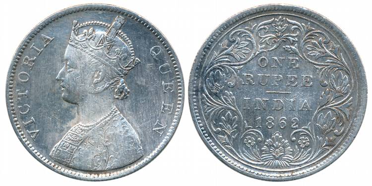 Victoria Queen, Silver Rupee, 1862, Bombay Mint, B/II/0/7 dots (Prid# 88). About very fine