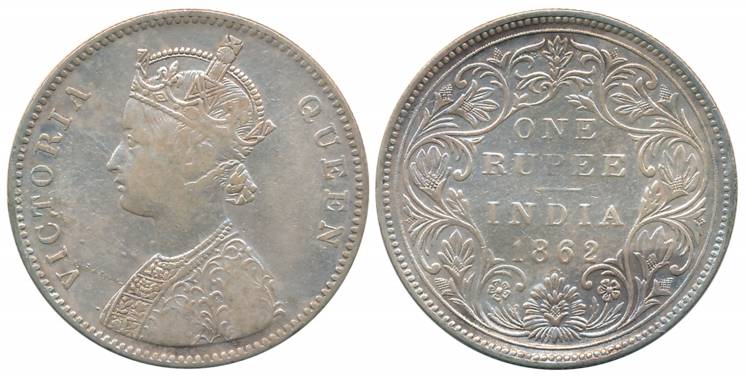 Victoria Queen, Silver Rupee, 1862, Bombay Mint, A/II/0/8 dots (Prid# 89). About very fine