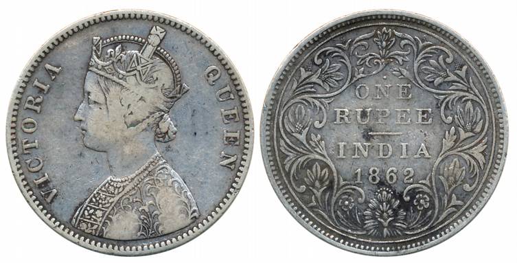 Victoria Queen, Silver Rupee, 1862, Bombay Mint, A/II/1/7 dots, top dot above 'N' of 'One'