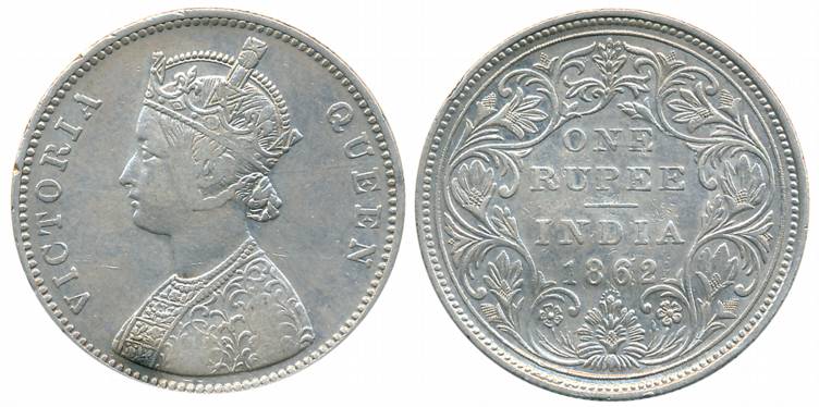 Victoria Queen, Silver Rupee, 1862, Bombay Mint, A/II/1/7 dots, Top dot within the top flo
