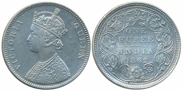 Victoria Queen, Silver Rupee, 1862, Bombay Mint, A/II/0/9 dots (Prid# 92). About very fine