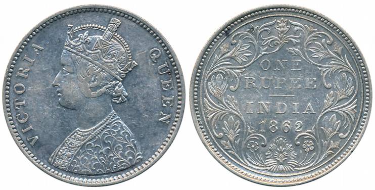 Victoria Queen, Silver Rupee, 1862, Bombay Mint, A/II/0/10 dots (Prid# 93). Very fine+.