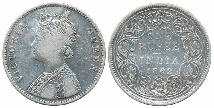 Victoria Queen, Silver Rupee, 1862, Bombay Mint, 1/10 dots, Top dot above N of One (Prid# 