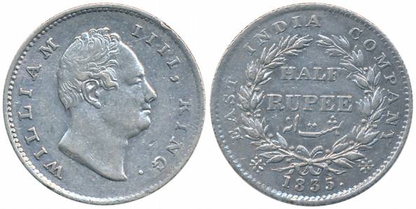 William IIII, Silver 1/2 Rupee, 1835, Calcutta Mint, R S incused, 21 Berries, L 11/ R 10, 
