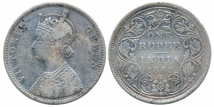 Victoria Queen, Silver Rupee, 1862, Bombay Mint, A/II/1/10 dots, top dot within the top fl