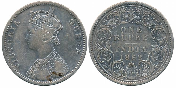 Victoria Queen, Silver Rupee, 1862, Bombay Mint, A/I/1/1 dots with crescent (Prid# 98). Ab
