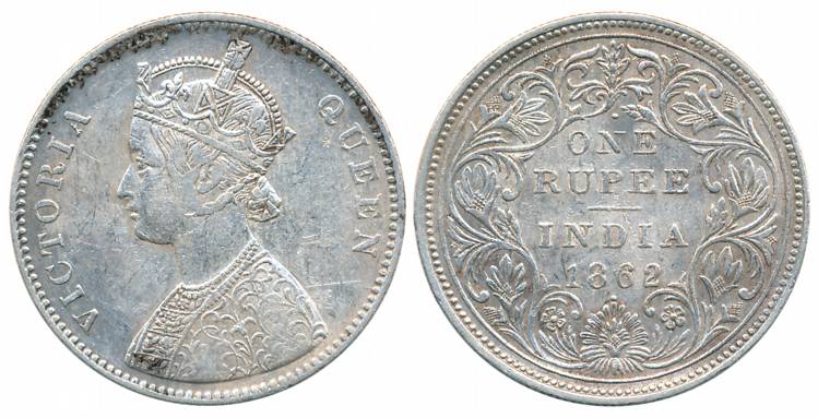 Victoria Queen, Silver Rupee, 1862, Bombay Mint, A/II/1/1 dots, without crescent (Prid# 99