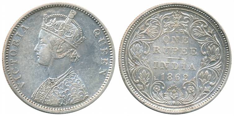 Victoria Queen, Silver Rupee, 1862, Bombay Mint, A/II/1/1 dots without crescent (Prid# 99,