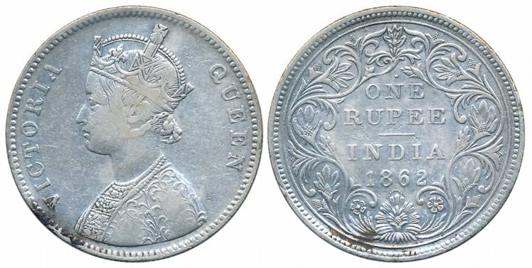 Victoria Queen, Silver Rupee, 1862, Bombay Mint, A/II/1/11 dots (Prid# 101). About very fi