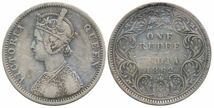 Victoria Queen, Silver Rupee, 1862, Bombay Mint, A/I/1/2 dots with crescent (Prid# 102). F