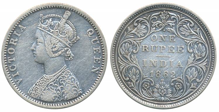 Victoria Queen, Silver Rupee, 1862, Bombay Mint, A/II/1/2 dots (Prid# 103). About very fin