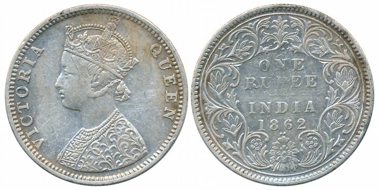 Victoria Queen, Silver Rupee, 1862, Bombay Mint, C/I/1/2 dots (Prid# 104). Very fine+, sca