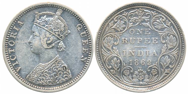 Victoria Queen, Silver Rupee, 1862, Bombay Mint, C/II/1/2 dots (Prid# 105). Very fine+.