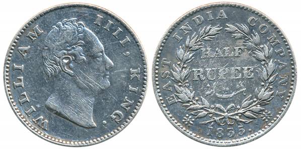 William IIII, Silver 1/2 Rupee, 1835, Calcutta Mint, F incused, 21 Berries, L 11/ R 10, To