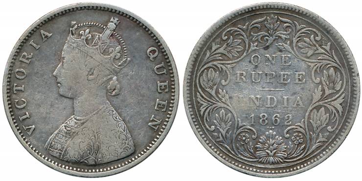 Victoria Queen, Silver Rupee, Mule, 1862, Bombay Mint, OBV: Half Anna Die, Rev: II/0/3 dot