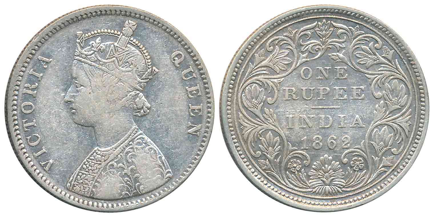 Victoria Queen, Silver Rupee, 1862, Bombay Mint, A/II, Elongated beads on both the arches 