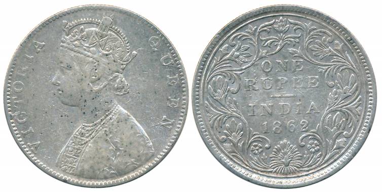 Victoria Queen, Silver Rupee, 1862, Bombay Mint, OBV. Designed by L.C. WYON, Rev: 4 pineap