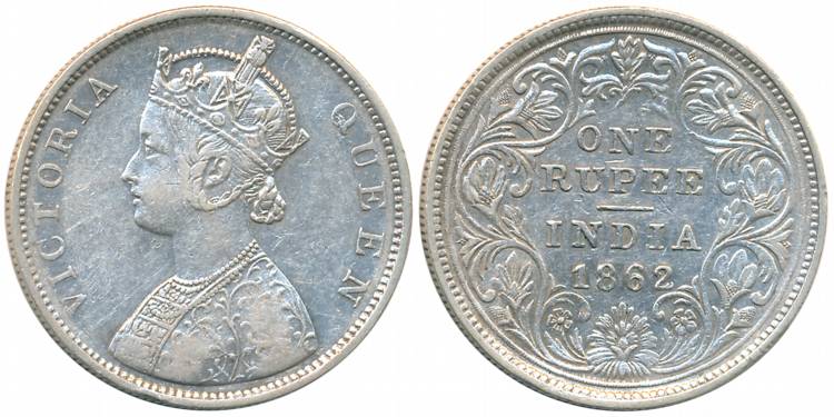 Victoria Queen, Silver Rupee, 1862, Bombay Mint, B/II, Crude style reverse with rounded ti