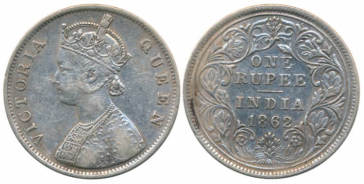 Victoria Queen, Silver Rupee, 1862, Bombay Mint, B/II, Crude style reverse with pointed ti