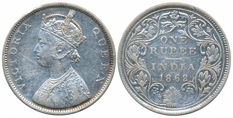 Victoria Queen, Silver Rupee, 1862, Bombay Mint, B/II, Pineapple like buds at four places 
