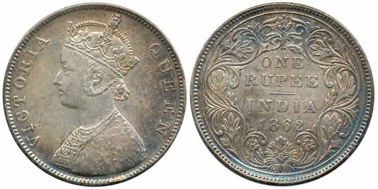 Victoria Queen, Silver Rupee, 1862, Bombay Mint, B/II/3/0 dots (Unlisted in Pridmore). Ver
