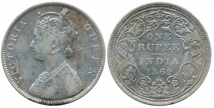 Victoria Queen, Silver Rupee, 1862, Bombay Mint, B/II/0/6 dots (Unlisted in Pridmore). Abo