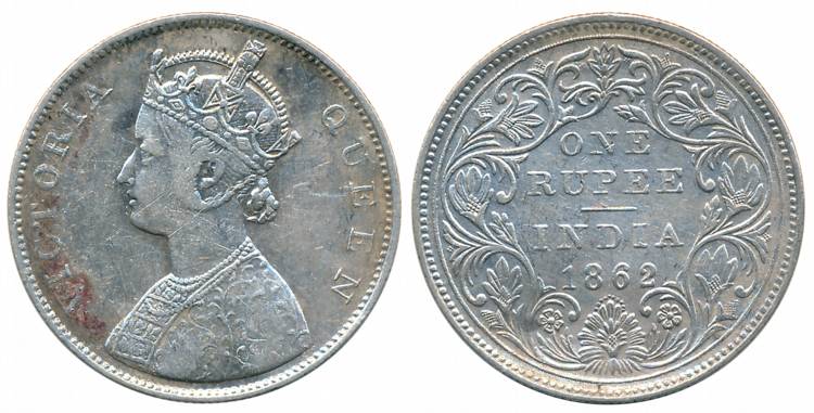 Victoria Queen, Silver Rupee, 1862, Bombay Mint, B/II/0/10 dots (Unlisted in Pridmore). Ab