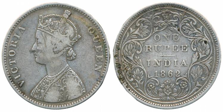 Victoria Queen, Silver Rupee, 1862, Bombay Mint, A/II/1/12 dots (Unlisted in Pridmore). Ab