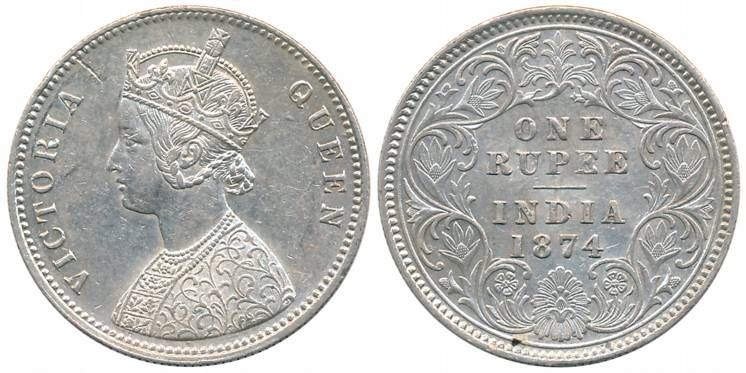 Victoria Queen, Silver Rupee, 1874, Calcutta Mint, A1/I (Prid# 112). About extremely fine,