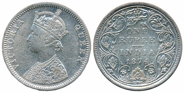 Victoria Queen, Silver Rupee, 1874, Bombay Mint, C1/II (Prid# 141). Very fine, scarce.