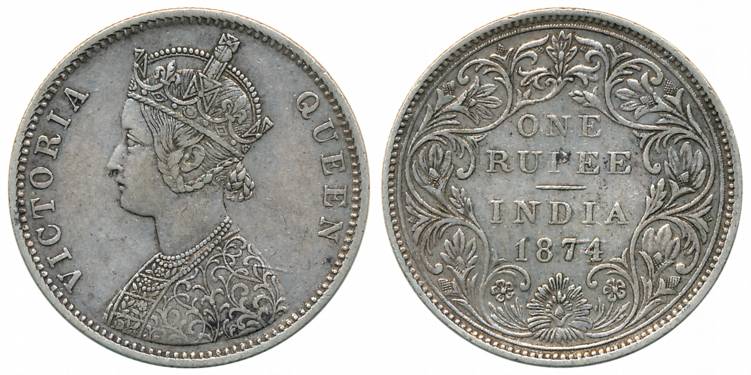 Victoria Queen, Silver Rupee, 1874, Bombay Mint, A2/II (Prid# 142). Very fine+.