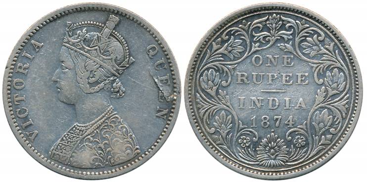 Victoria Queen, Silver Rupee, 1874, Bombay Mint, A2/II/dot (Prid# 143). Very fine, very ra