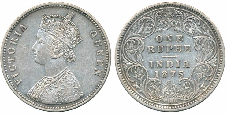 Victoria Queen, Silver Rupee, 1875, Calcutta Mint, A1/I (Prid# 113). Very fine.