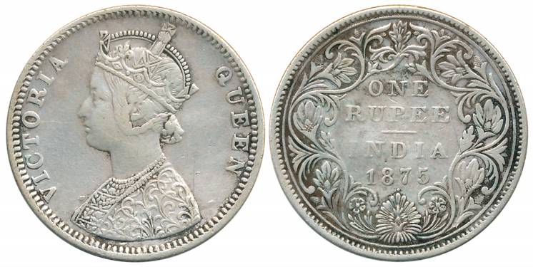 Victoria Queen, Silver Rupee, 1875, Bombay Mint, C1/II/ dot (Prid# 144). Very fine, scarce