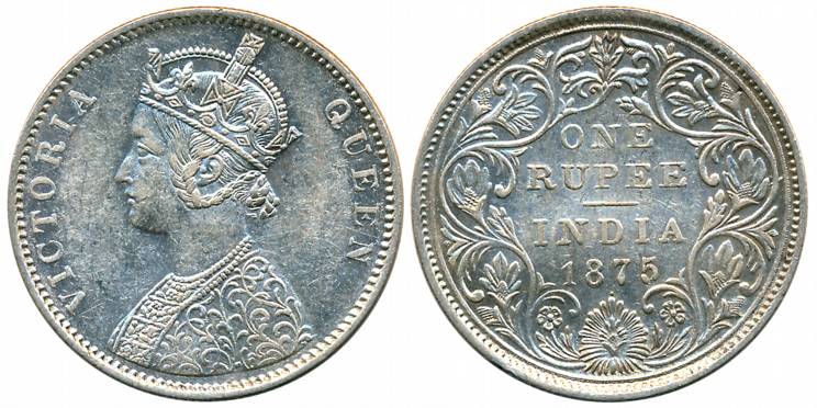 Victoria Queen, Silver Rupee, 1875, Bombay Mint, A2/II/dot (Prid# 146). About extremely fi