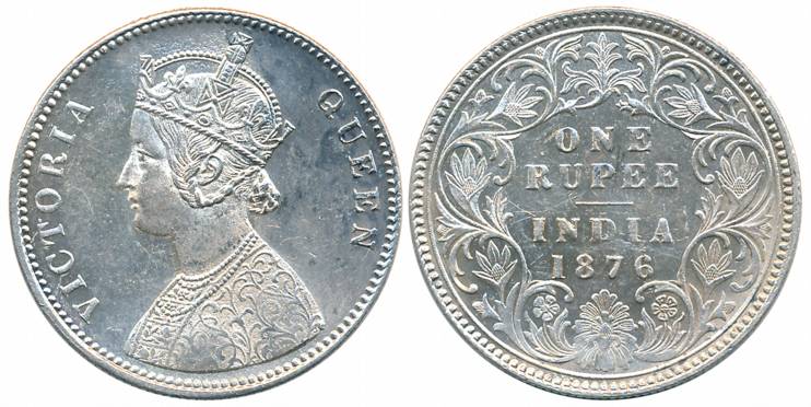 Victoria Queen, Silver Rupee, 1876, Calcutta Mint, A1/I (Prid# 114). Extremely fine.