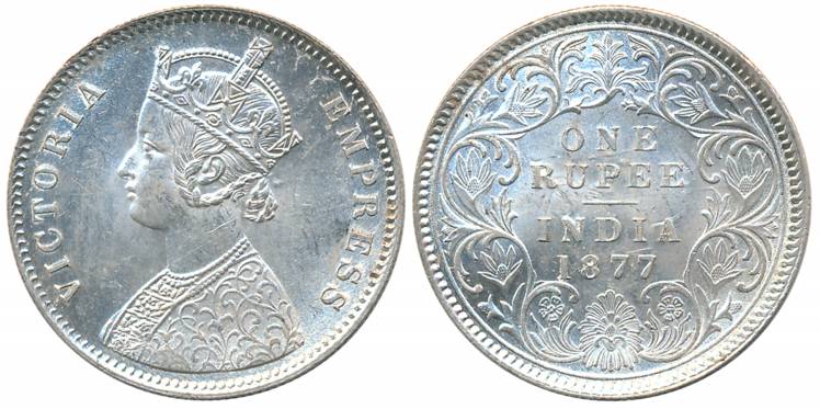 Victoria Empress, Silver Rupee, 1877, Calcutta Mint, A1/I (Prid# 115). About uncirculated.