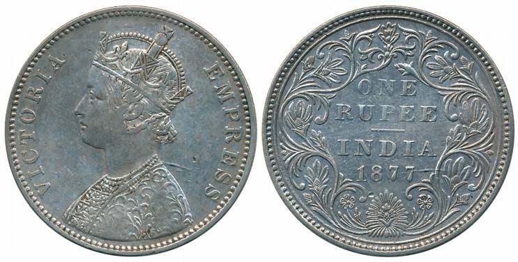 Victoria Empress, Silver Rupee, 1877, Bombay Mint, No mint mark, A3/II (Prid# 148). About 