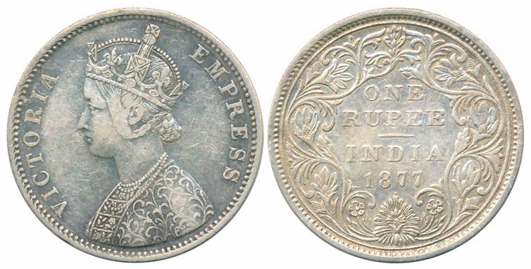 Victoria Empress, Silver Rupee, 1877, Bombay Mint, A2/II/dot (Prid# 149). Very fine.