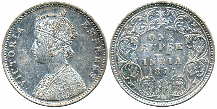 Victoria Empress, Silver Rupee, 1877, Bombay Mint, A3/I/dot (Prid# 150). About extremely f