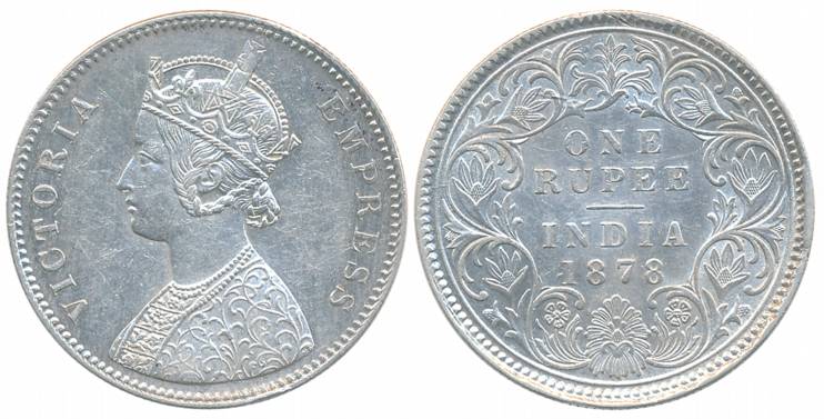 Victoria Empress, Silver Rupee, 1878, Calcutta Mint, A1/I (Prid# 116). Very fine+.