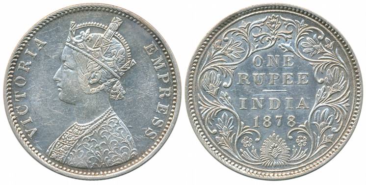 Victoria Empress, Silver Rupee, 1878, Bombay Mint, A3/II/dot (Prid# 151). Very fine+.