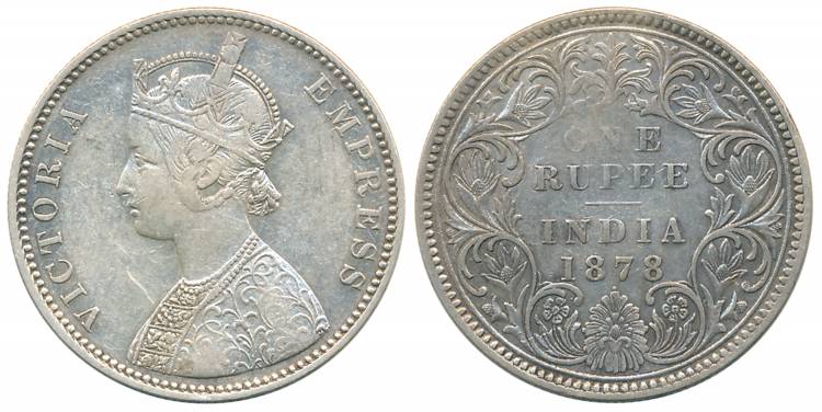 Victoria Empress, Silver Rupee, 1878, Bombay Mint, A3/I/dot (Prid# 152). About Very fine.