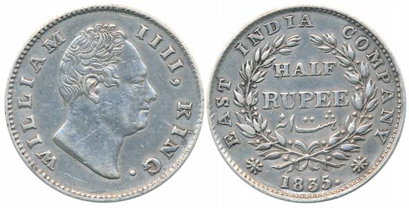 William IIII, Silver 1/2 Rupee, 1835, Calcutta Mint, F raised, 19 Berries, L 9/ R 10 (Prid