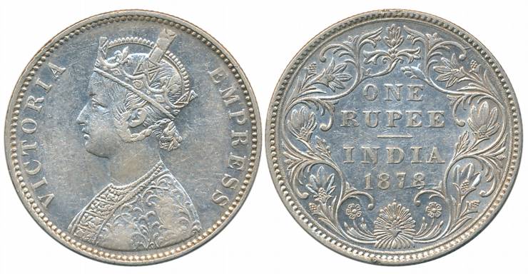 Victoria Empress, Silver Rupee, 1878, Bombay Mint, A3/II/dot, top flower variety (Prid# Un